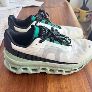 On Running Cloudmonster Shoes in White  Teal Green